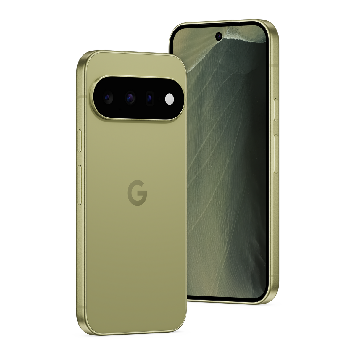 Zwei goldene Smartphones vor schwarzem Hintergrund, eines zeigt die Rückseite mit Kameramodul, das andere die Vorderseite.