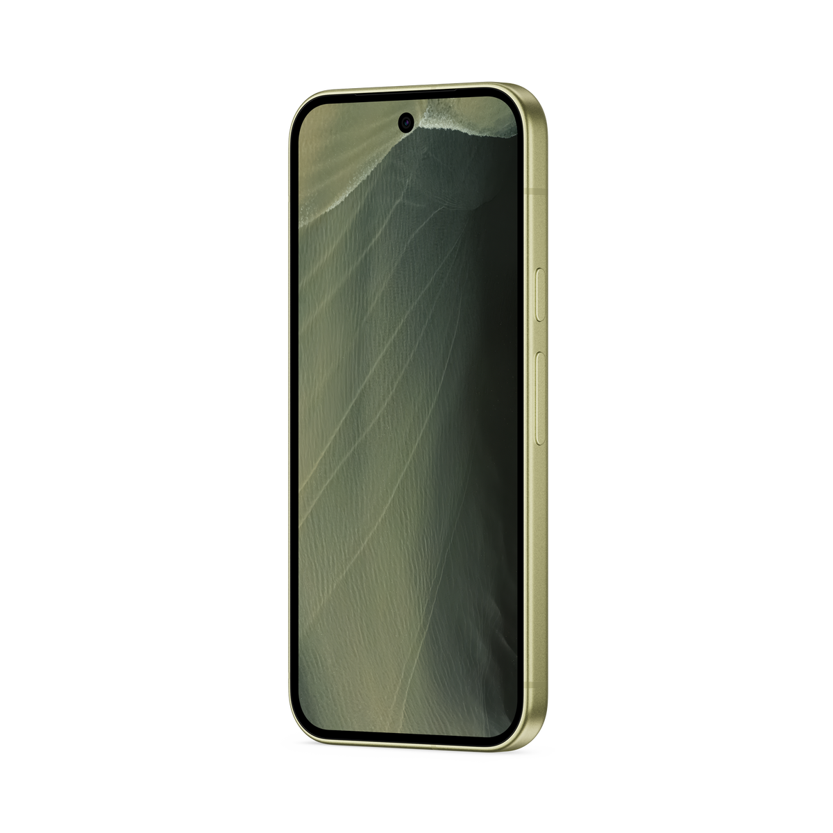 Goldenes Smartphone mit abgerundeten Ecken und grünem abstrakten Hintergrund auf dem Bildschirm gegen schwarzem Hintergrund.