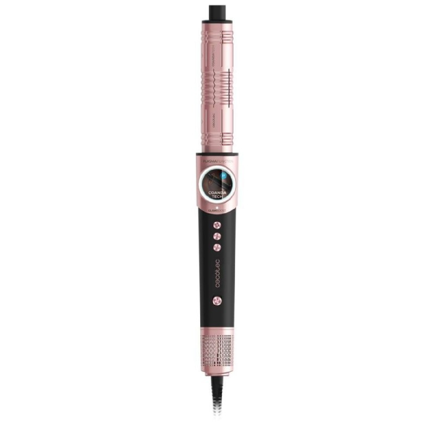 Un moldeador múltiple negro y oro rosa con pantalla digital y botones de control se encuentra verticalmente sobre fondo blanco.