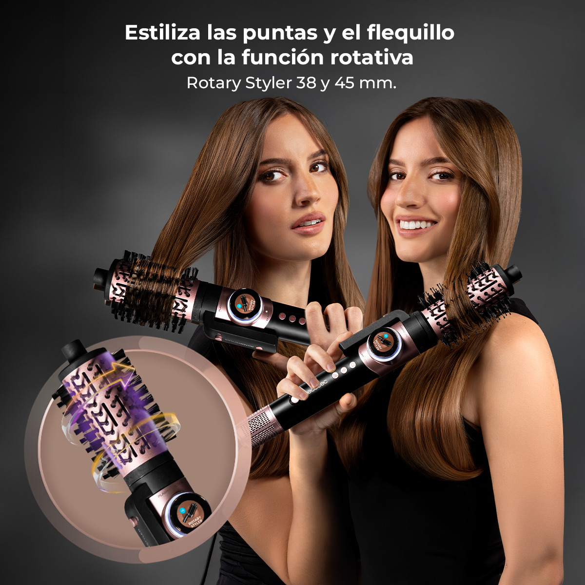 Dos mujeres con pelo largo sostienen cepillos moldeadores rotativos en oro rosa y negro ante un fondo gris.