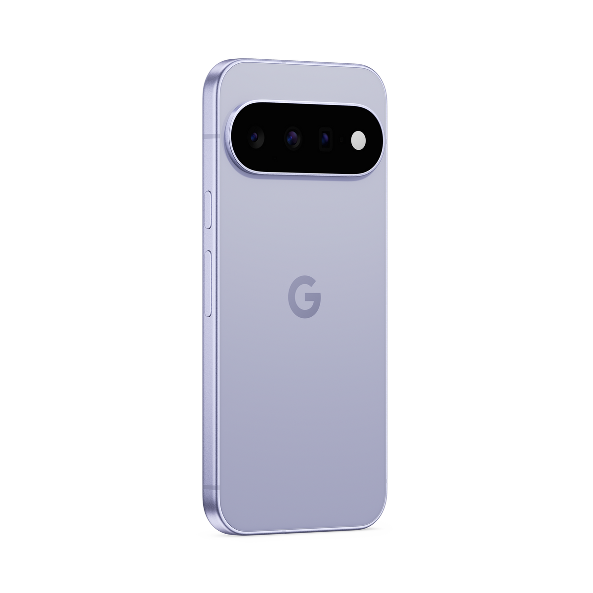 Tył fioletowego smartfona z poziomym panelem aparatu i logo Google na czarnym tle.