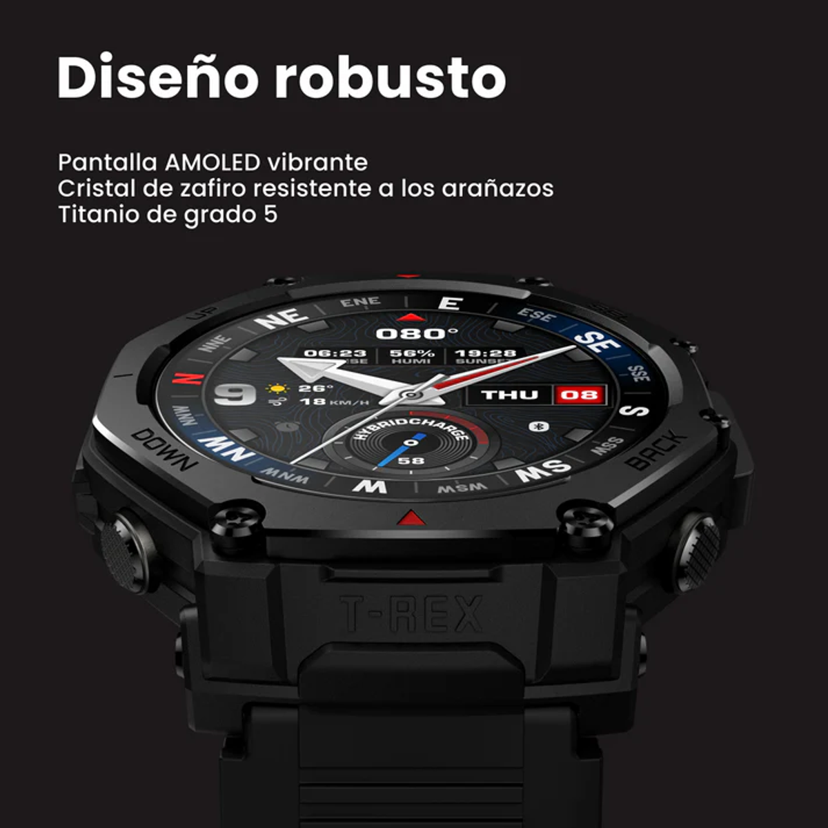 A black rugged smartwatch with a digital compass display, on a dark background with Spanish text above.