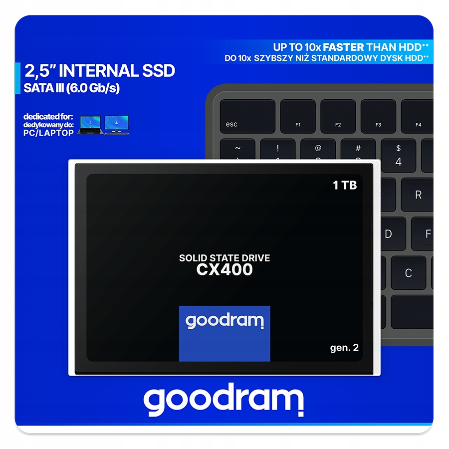 A blue and black Goodram CX400 1TB SSD with a keyboard in the background.