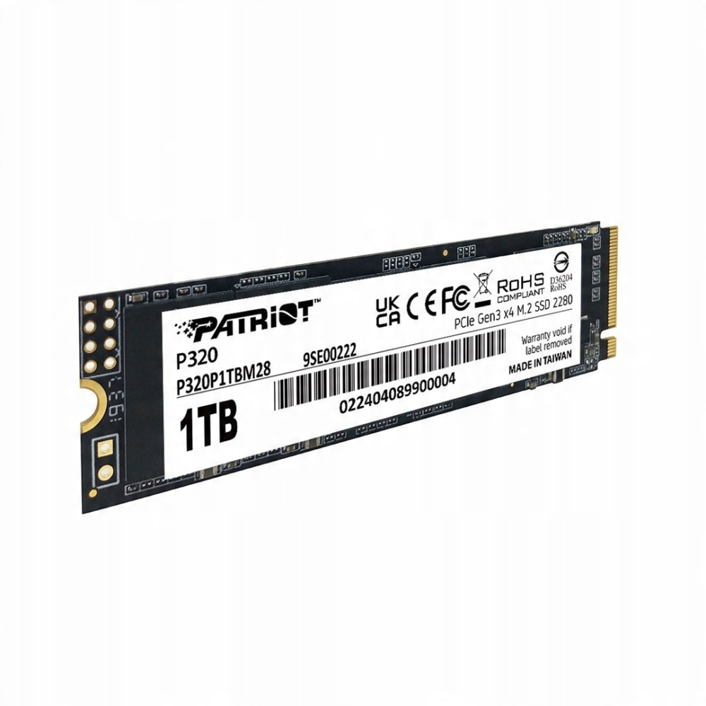 Patriot P320 1TB M.2 NVMe SSD on a white background, featuring a black PCB and white label with barcodes and specs.