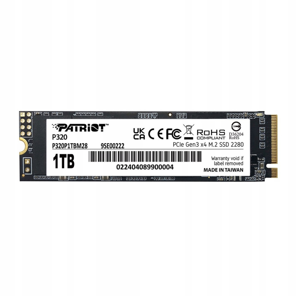 A black Patriot P320 1TB M.2 NVMe SSD featuring a white product label with barcodes and compliance markings.