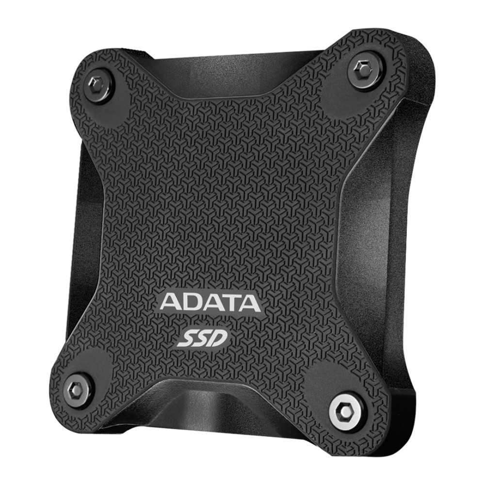 Ein schwarzer ADATA SSD-Kühlkörper mit geometrischem Muster und vier Eckschrauben auf weißem Hintergrund.