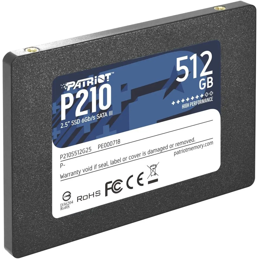A black Patriot P210 512GB 2.5-inch SATA III SSD drive featuring a blue and white label.