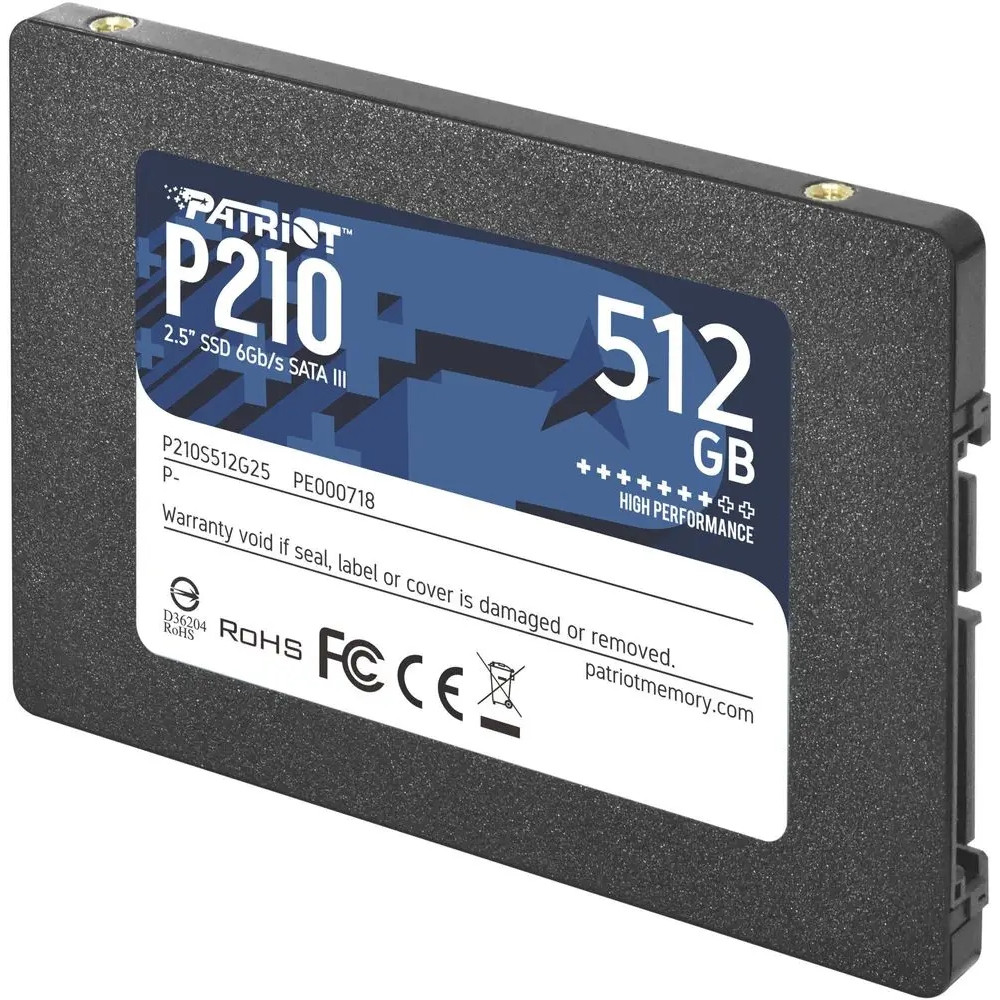 Patriot P210 512GB 2.5 inch SATA III SSD with dark label and certification icons.