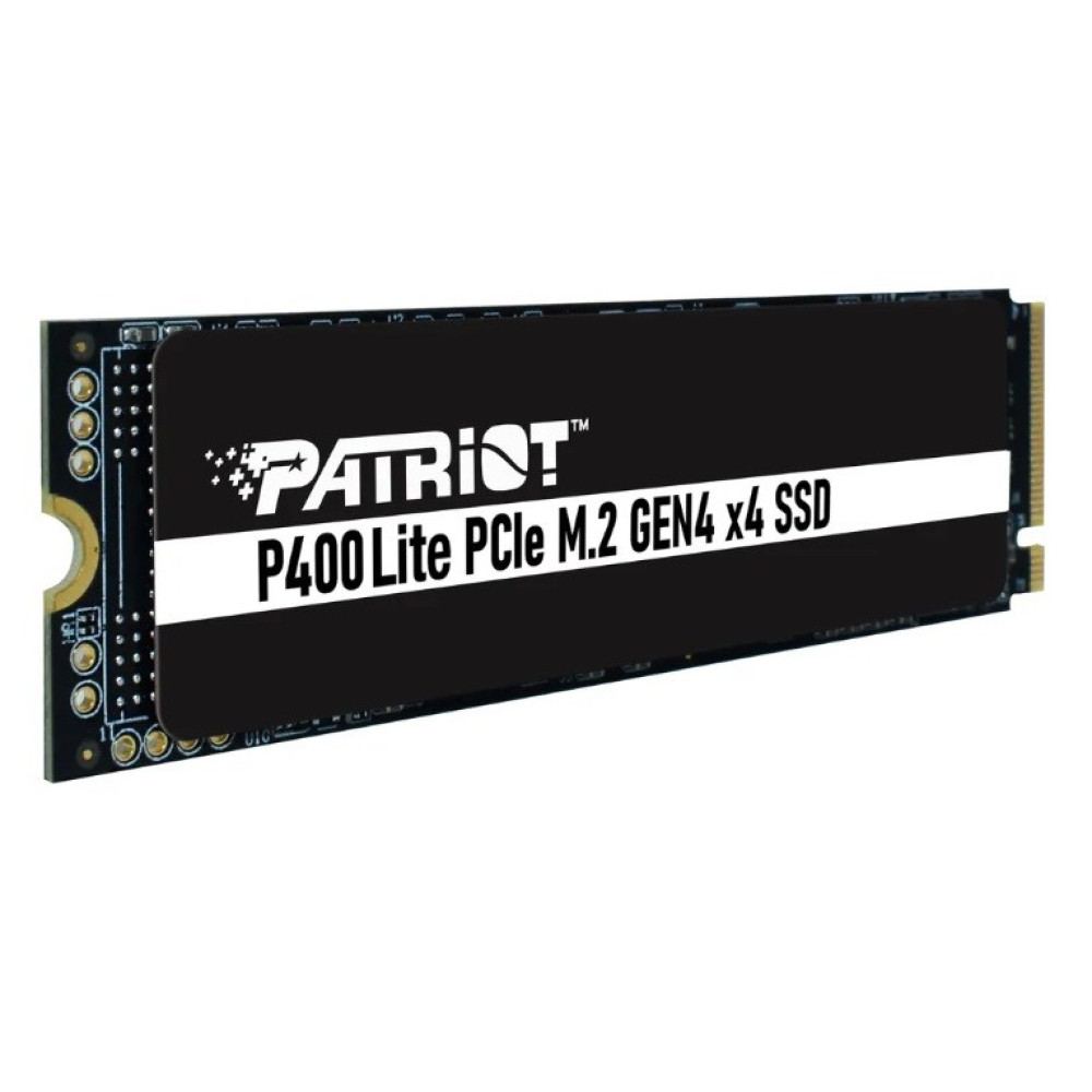 Dysk SSD Patriot P400 Lite PCIe M.2 Gen4 x4 na czarnej płytce drukowanej z białym napisem na białym tle.