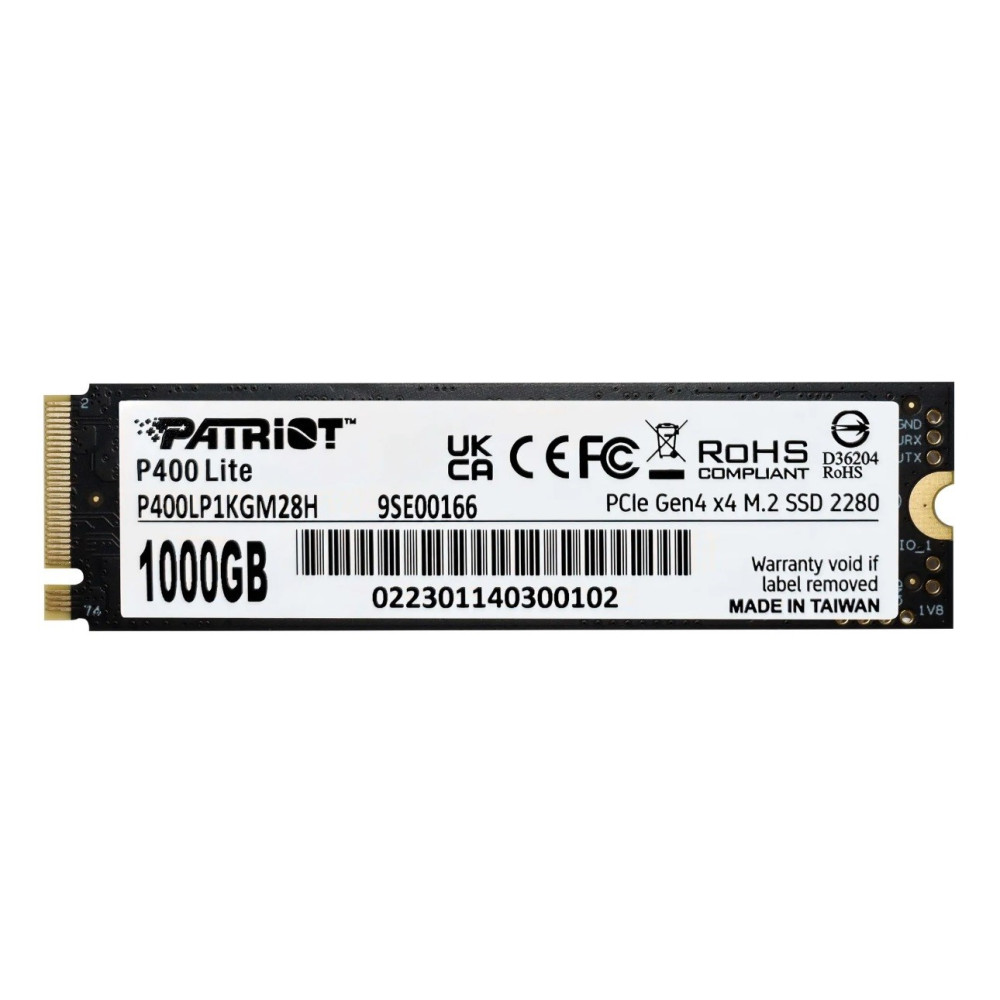 Dysk SSD Patriot P400 Lite 1000GB PCIe Gen4 x4 M.2 z białą etykietą i kodem kreskowym na czarnej płytce na białym tle.