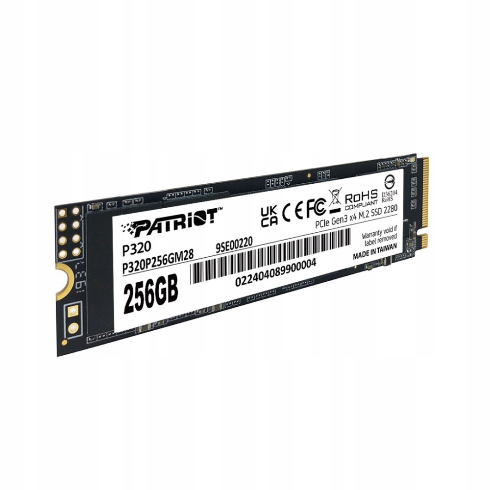 Patriot P320 256GB M.2 NVMe SSD auf weißem Hintergrund mit Produktetikett.