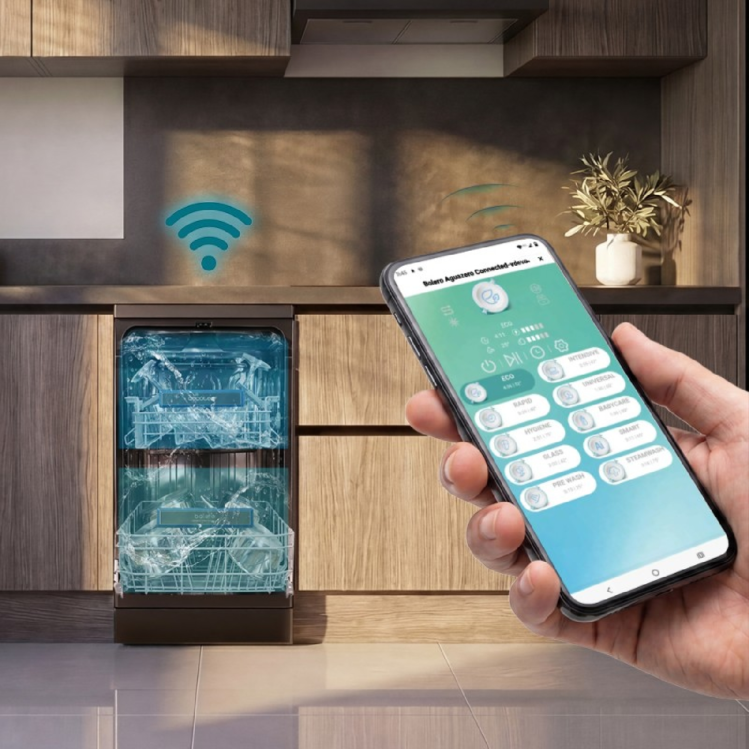 Mano sostiene un smartphone con app para controlar un lavavajillas conectado por Wi-Fi.