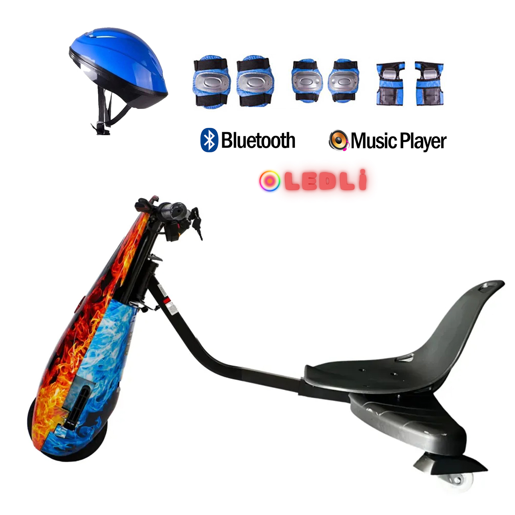 Koltuklu, kasklı ve korumalı, Bluetooth ve müzik çalarlı mavi hoverboard.
