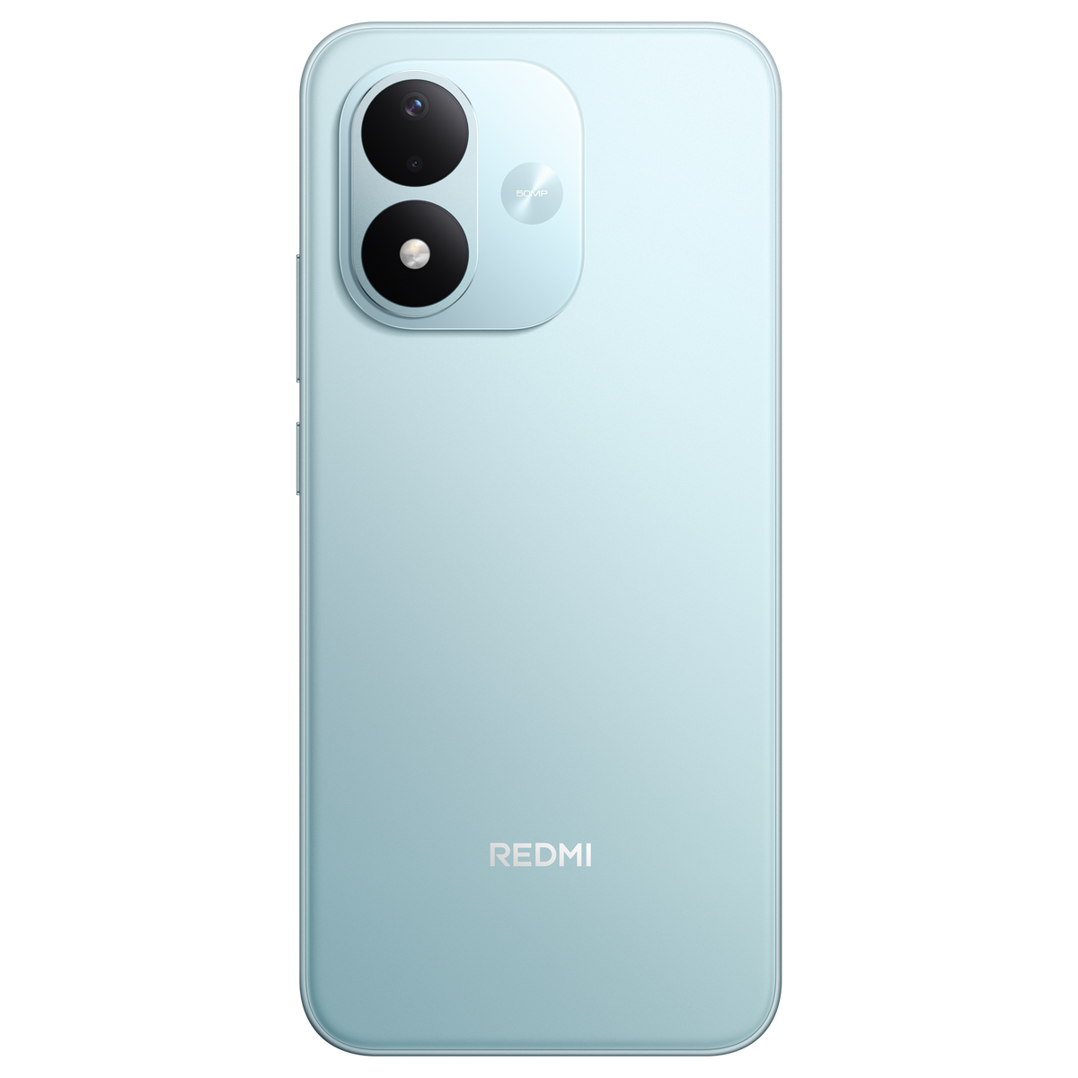 Smartphone Redmi azzurro visto da dietro con doppia fotocamera e logo Redmi.