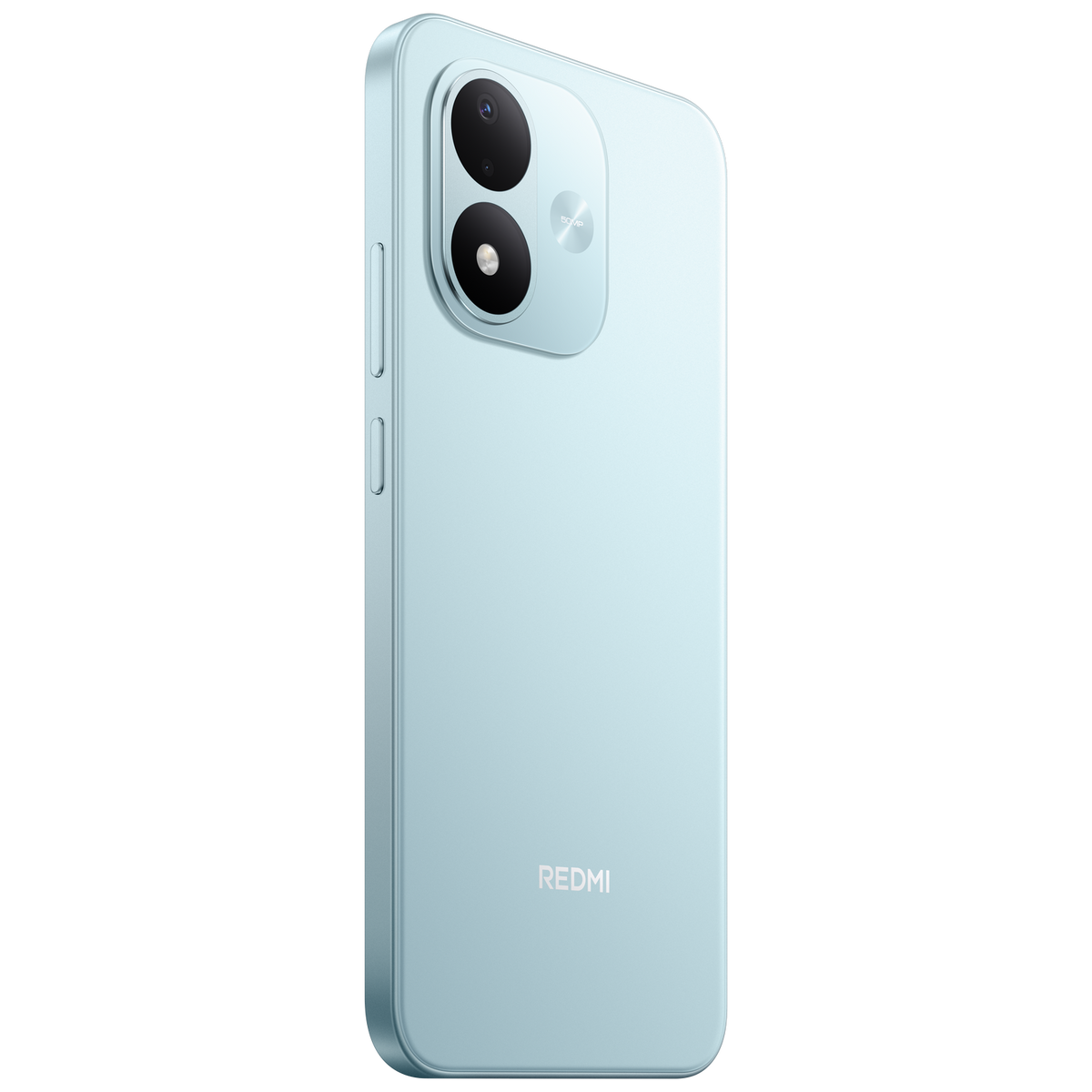 Smartphone Redmi azzurro, retro con due fotocamere e logo Redmi su sfondo nero.
