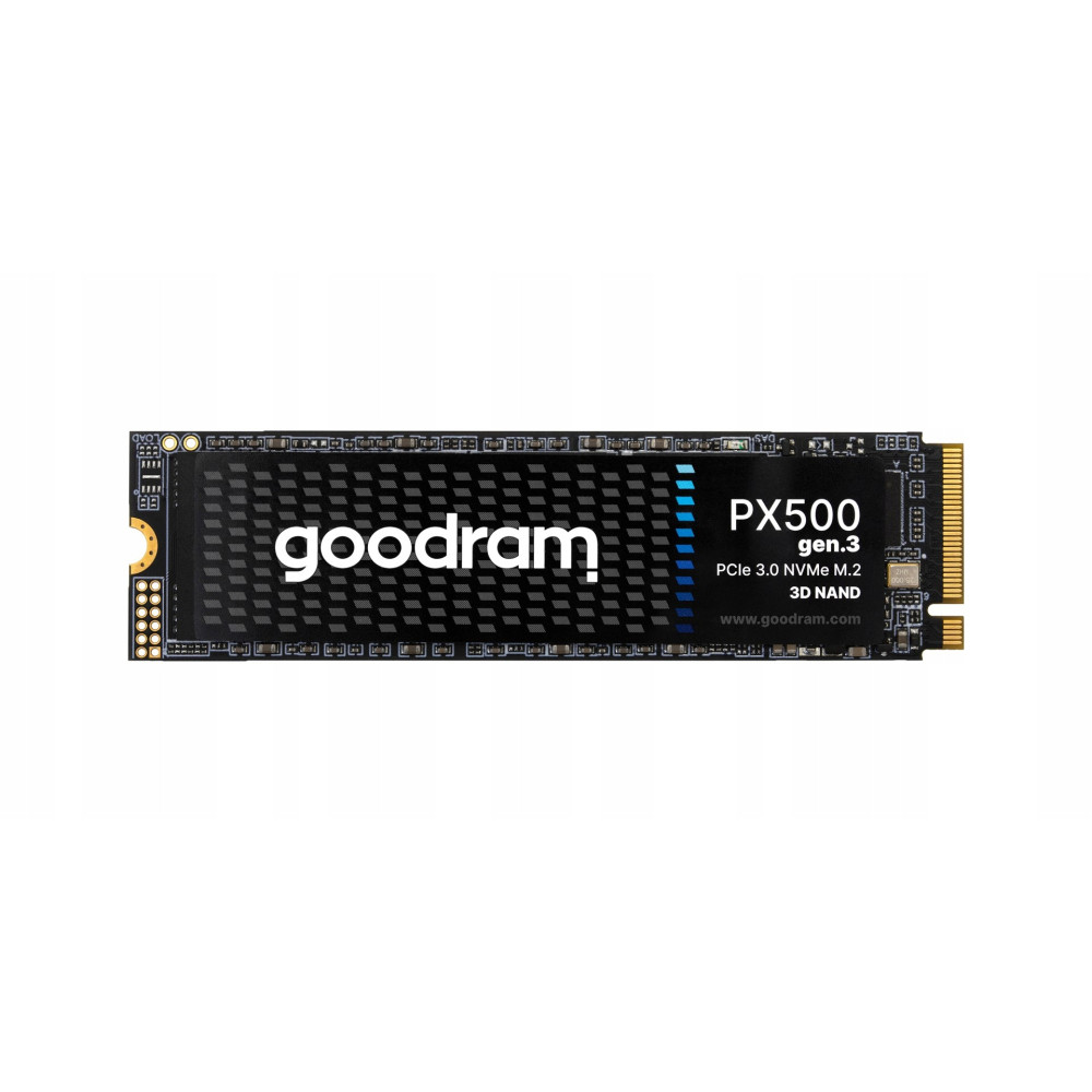 A black Goodram PX500 NVMe M.2 SSD with white branding and a patterned sticker against a solid white background.