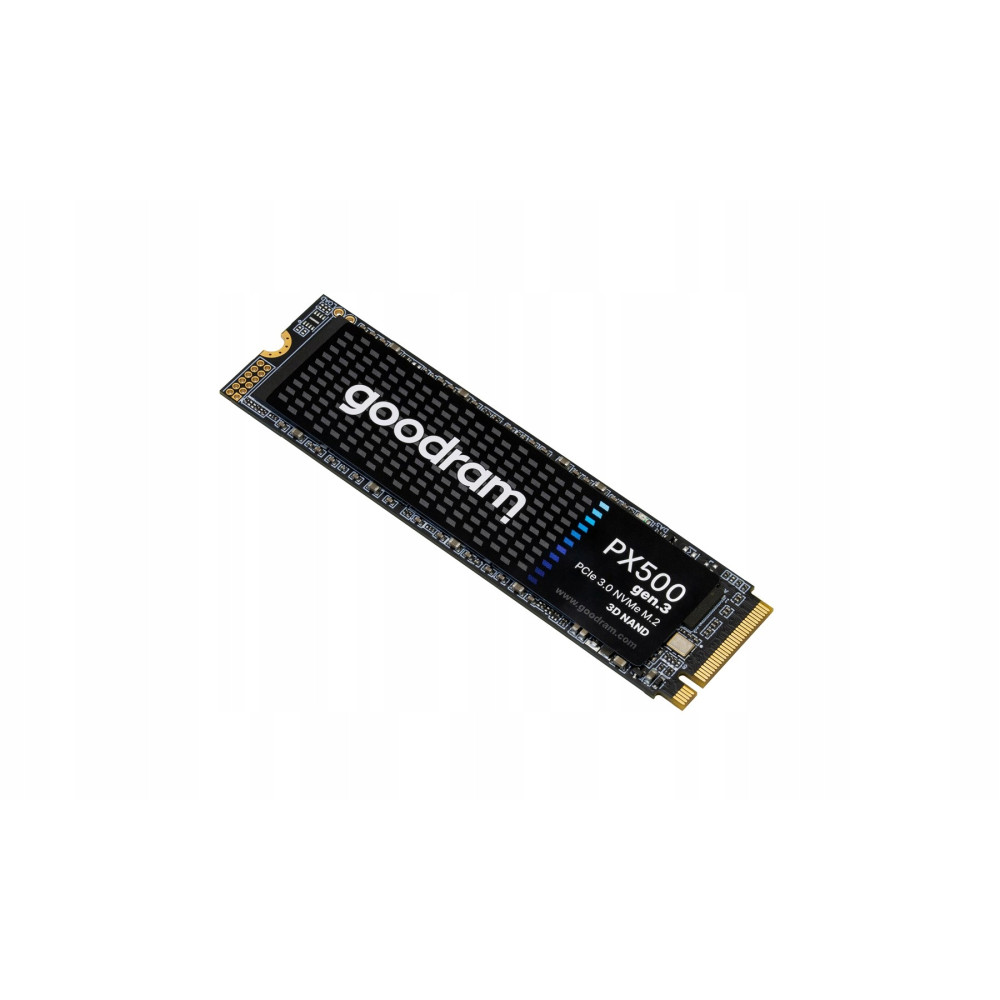 A black Goodram PX500 NVMe M.2 SSD with golden connectors isolated on a white background.