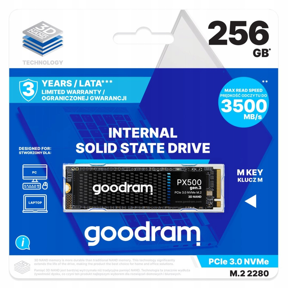 Packaging for Goodram PX500 256GB NVMe M.2 SSD in blue and white with specs.