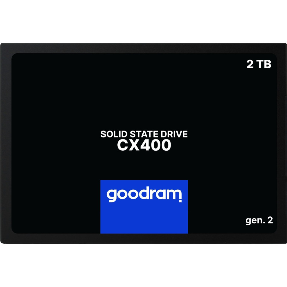 Black Goodram CX400 SSD with 2 TB capacity and blue brand logo graphic.