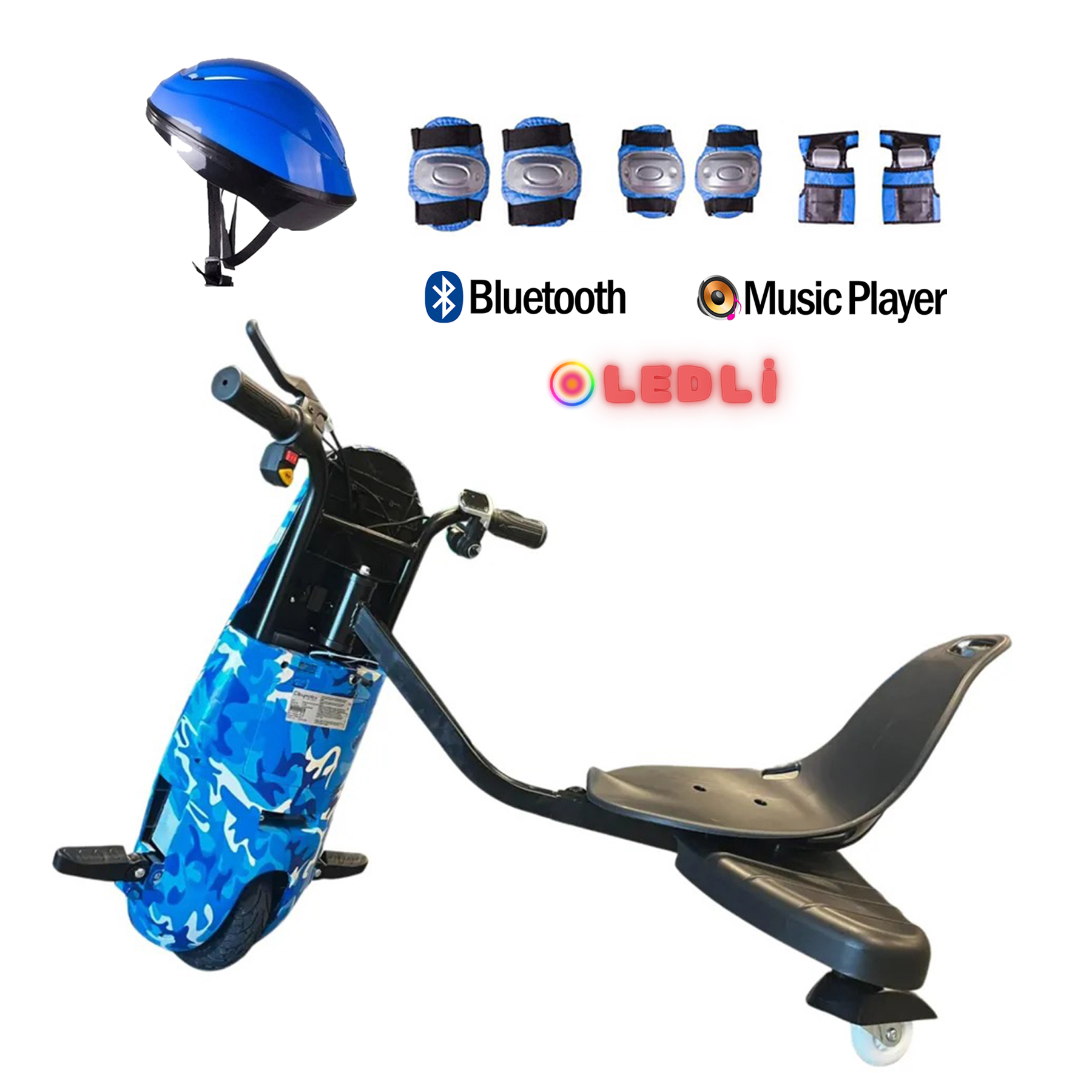 Güvenlik ekipmanları, kask ve Bluetooth müzik çalar içeren mavi kamuflajlı drift trike.