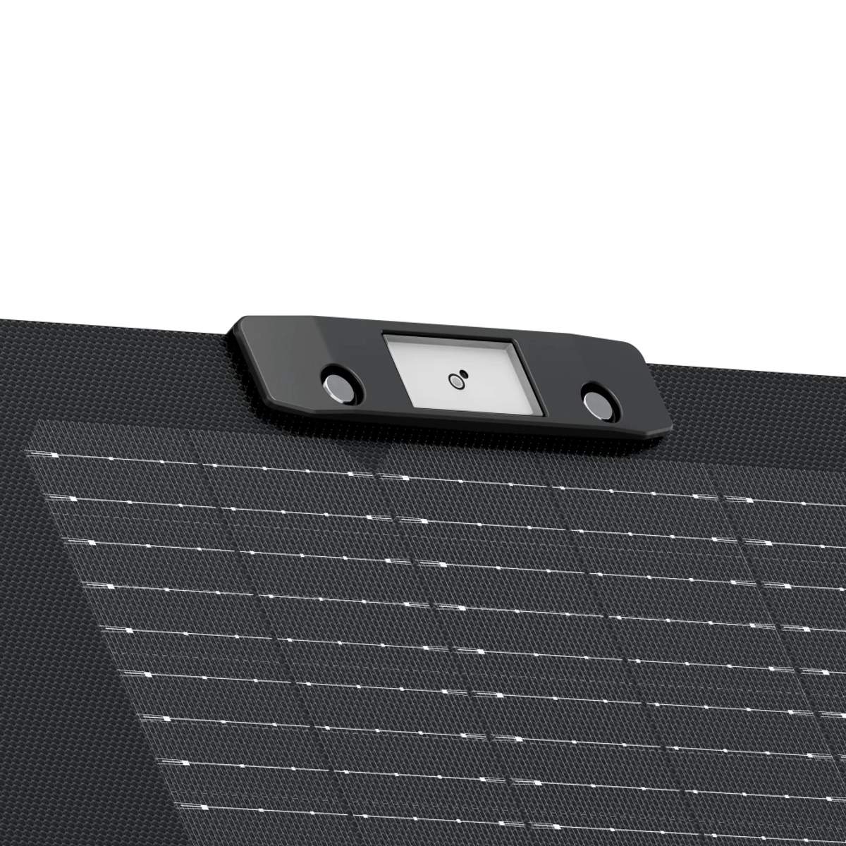 Primo piano di un pannello solare nero con un modulo di controllo, display bianco e due pulsanti rotondi.