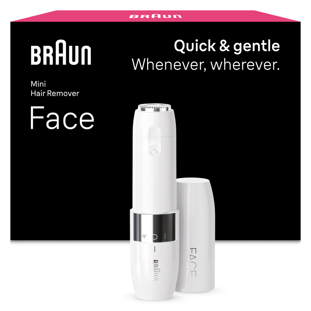 Ein weißer Braun Mini Gesichtshaarentferner vor der schwarzen Produktverpackung.