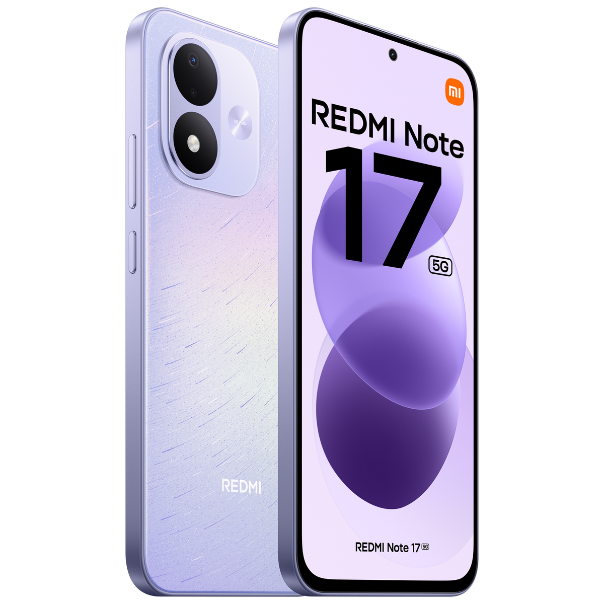 Zwei helllilafarbene Redmi Note 17 5G Smartphones, Vorder- und Rückseite, vor schwarzem Hintergrund.