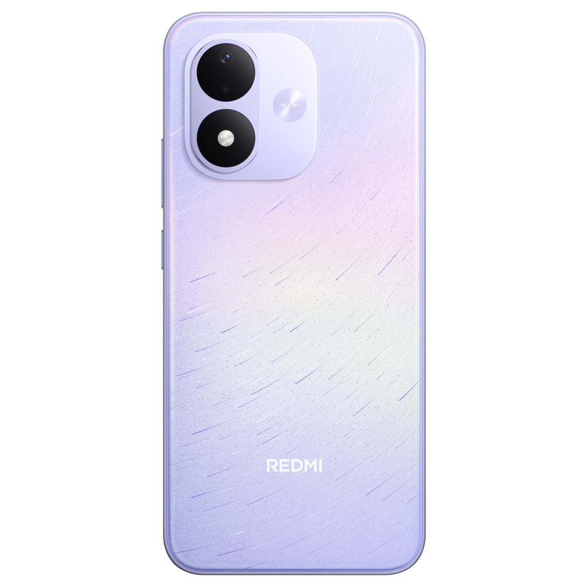 Retro di uno smartphone Redmi viola brillante con due obiettivi fotografici e motivo a linee sottili su sfondo nero.