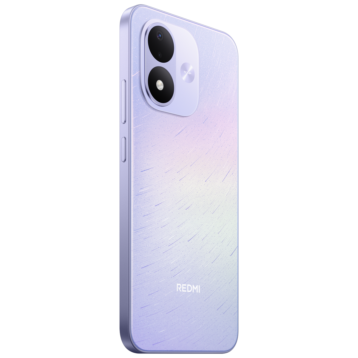 Uno smartphone Redmi viola chiaro con retro stellato e doppia fotocamera, su sfondo nero.