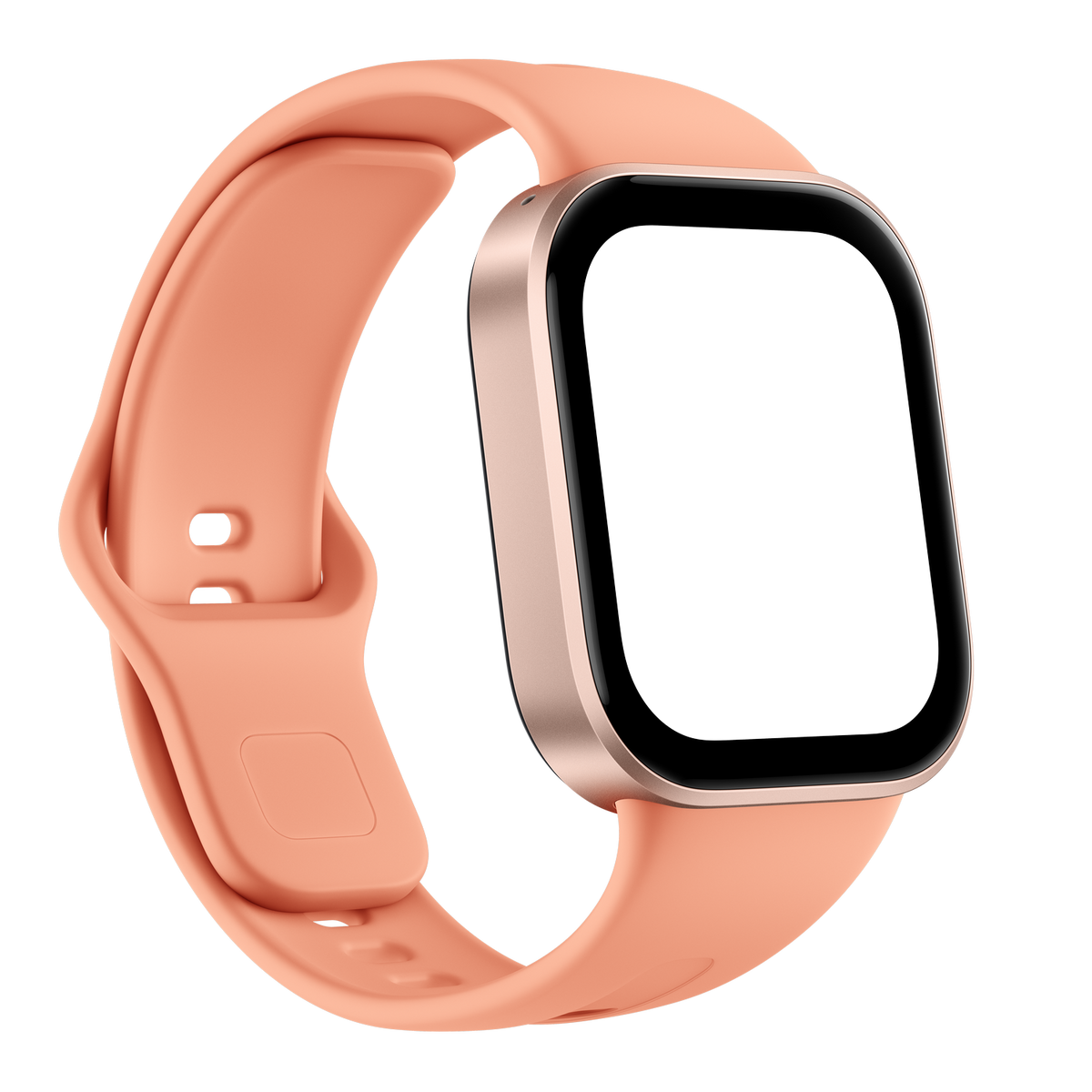 Uno smartwatch color pesca con cassa quadrata in oro rosa e schermo nero su sfondo nero.