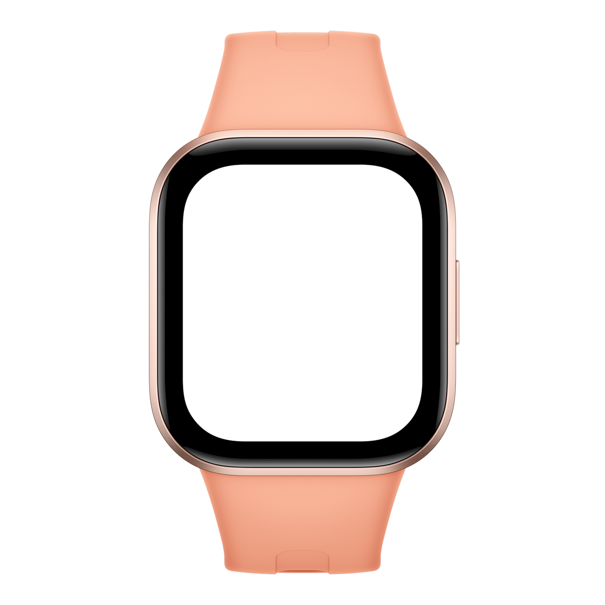 Uno smartwatch rosa con schermo quadrato e display nero su sfondo scuro.