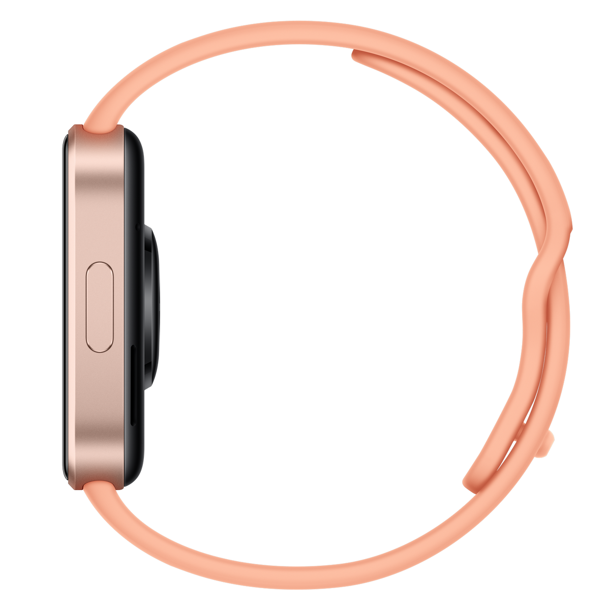Vista laterale di uno smartwatch con cassa in oro rosa e cinturino in silicone abbinato su sfondo nero.