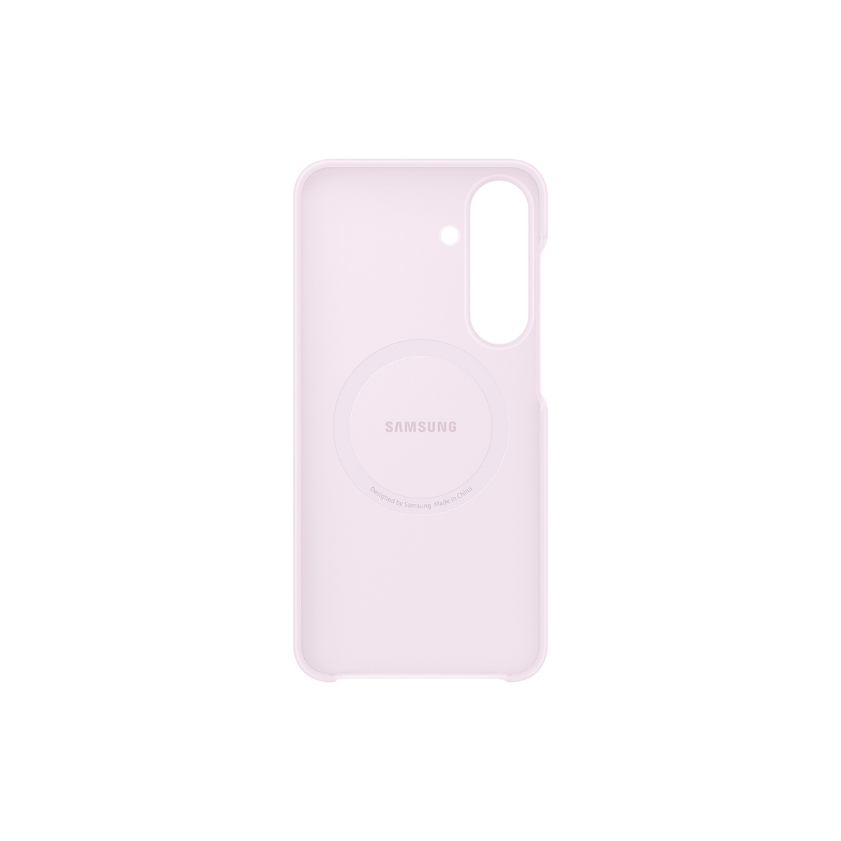 Una cover per telefono Samsung rosa pallido con un design circolare e ritaglio per fotocamera.