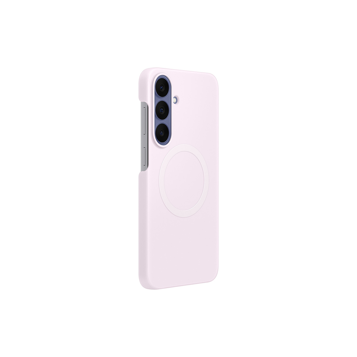 Uno smartphone rosa pallido in una custodia protettiva con segno circolare sul retro e tre fotocamere verticali.