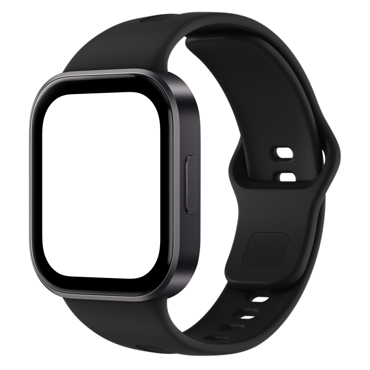 Eine schwarze Smartwatch mit quadratischem Display und einem schwarzen Silikonarmband auf dunklem Hintergrund.