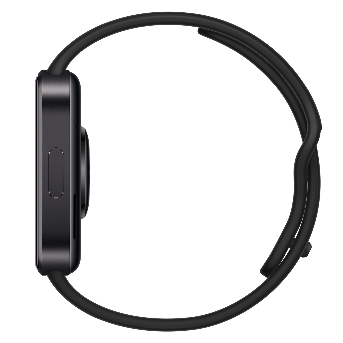 Seitenansicht einer schwarzen Smartwatch mit einem Silikonarmband vor dunklem Hintergrund.