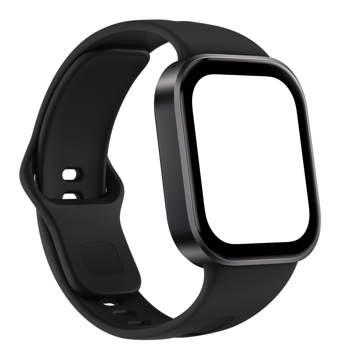 Eine elegante schwarze Smartwatch mit rechteckigem Gehäuse und Silikonarmband vor dunklem Hintergrund.