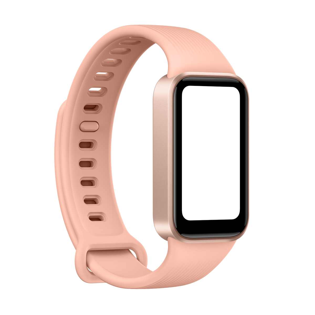 Un rastreador de fitness rosa con pantalla rectangular y correa de silicona texturizada sobre fondo negro.