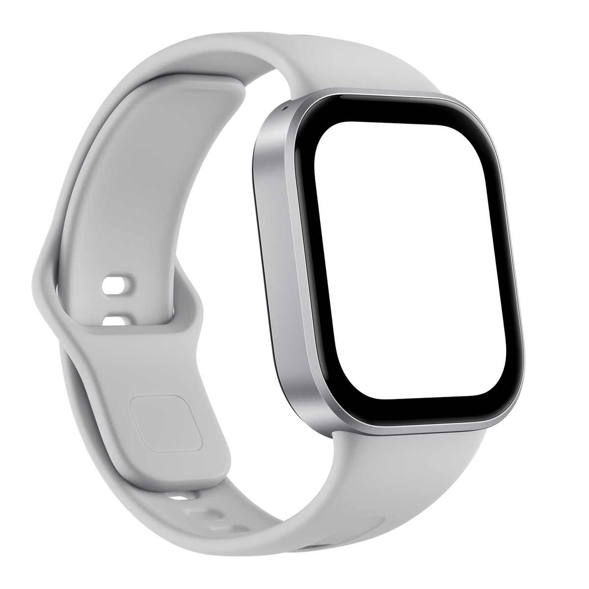 Eine weiße Smartwatch mit einem silbernen Gehäuse und einem schwarzen Bildschirm auf schwarzem Hintergrund.