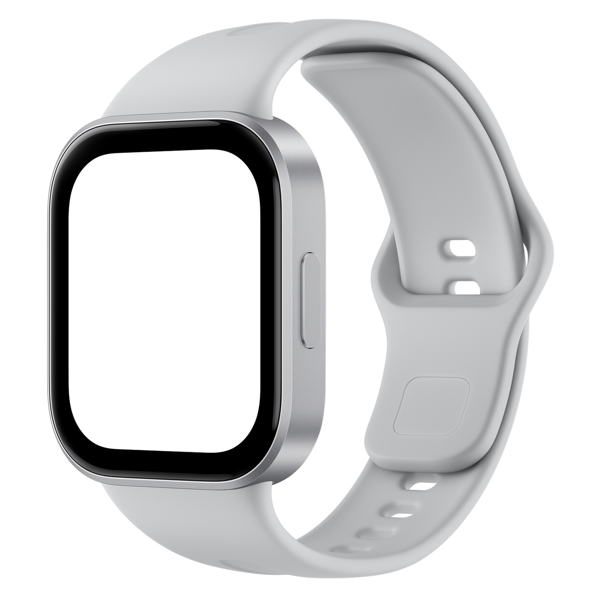 Eine silberne Smartwatch mit schwarzem Display und weißem Silikonarmband vor schwarzem Hintergrund.