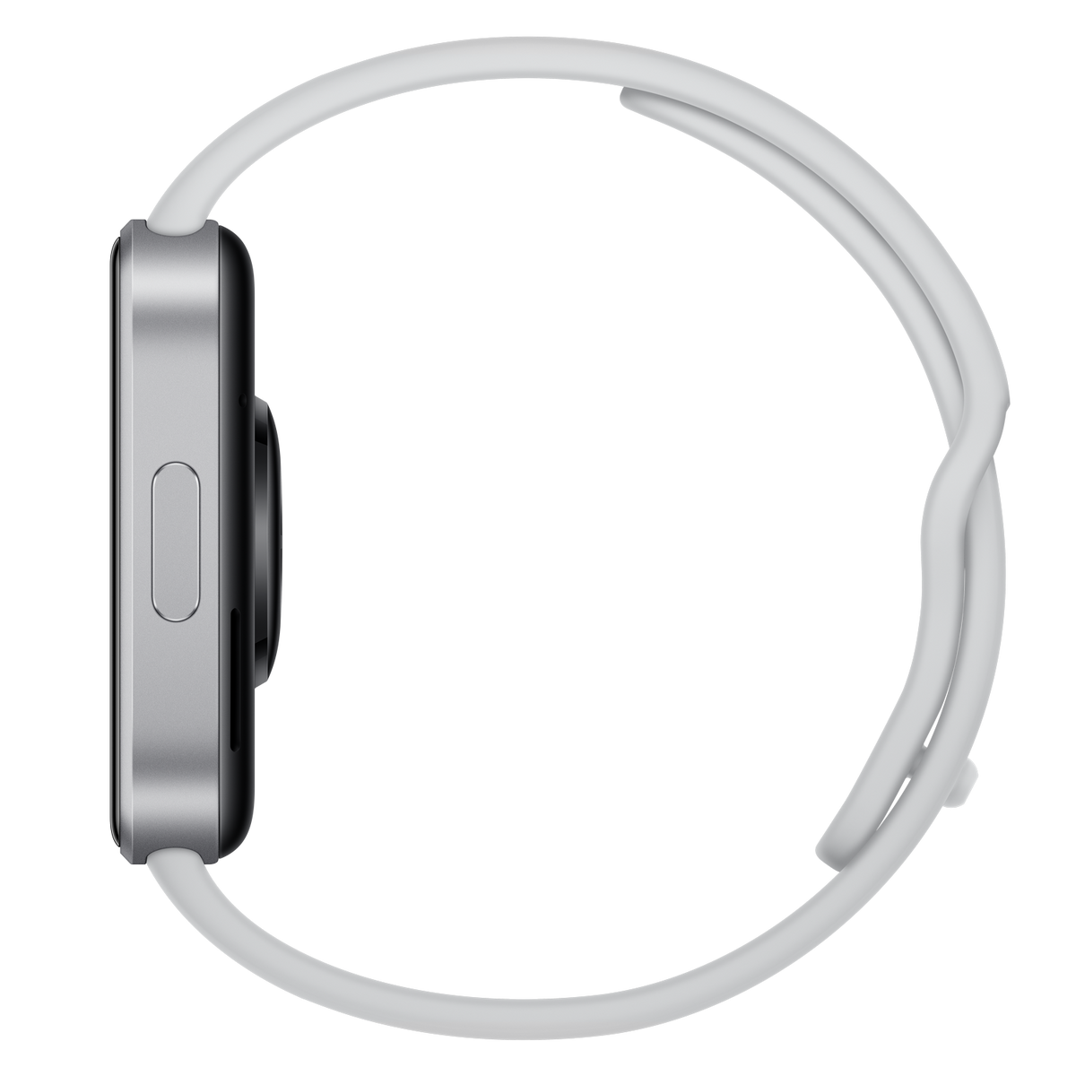 Seitenansicht einer Smartwatch mit silbernem Gehäuse und weißem Silikonarmband vor schwarzem Hintergrund.
