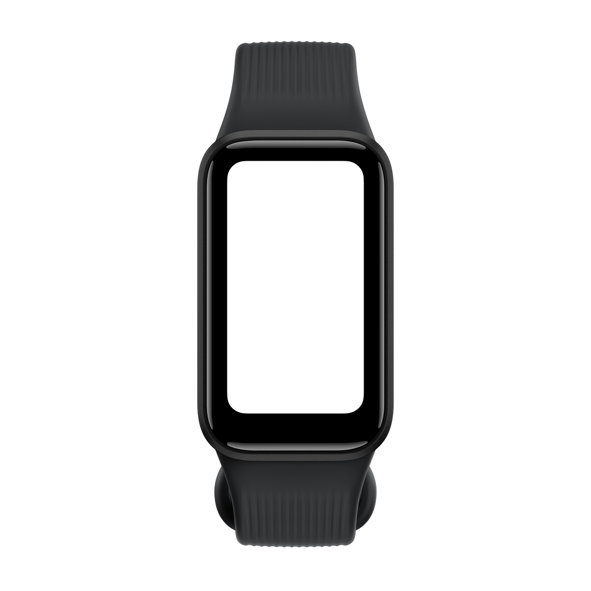 Un reloj inteligente negro con pantalla rectangular y correa de silicona texturizada sobre fondo oscuro.
