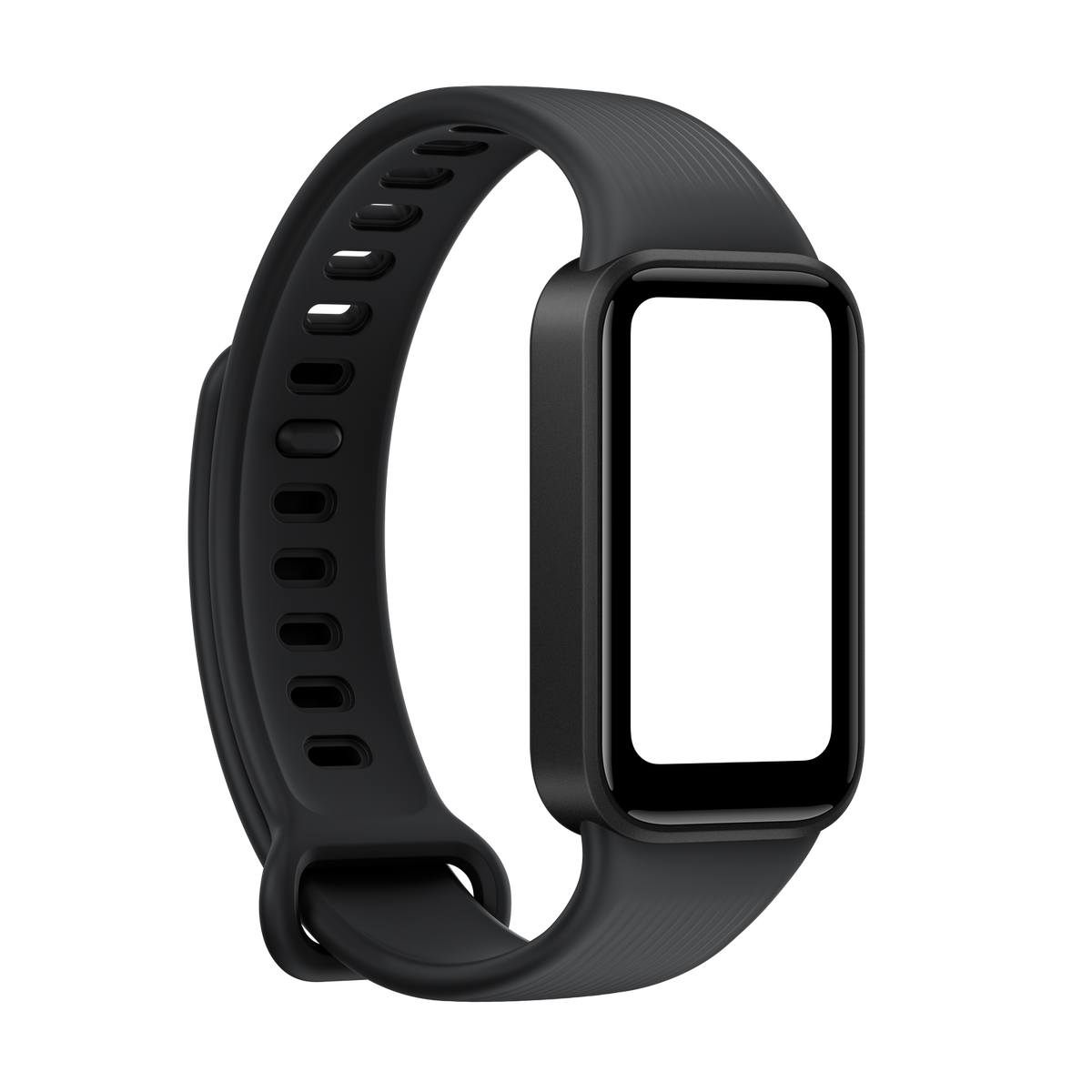 Un rastreador de fitness inteligente negro con pantalla rectangular y correa perforada sobre fondo oscuro.