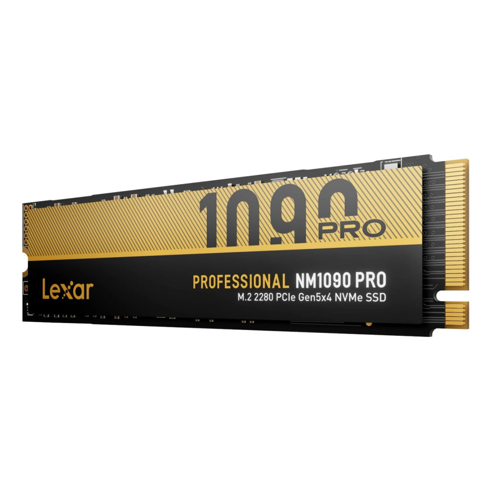 Lexar NM1090 PRO M.2 2280 PCIe Gen5x4 NVMe SSD with black and gold heatsink.