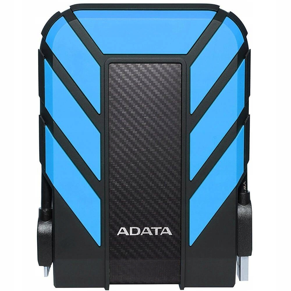 A blue and black ADATA external hard drive with a shockproof casing.
