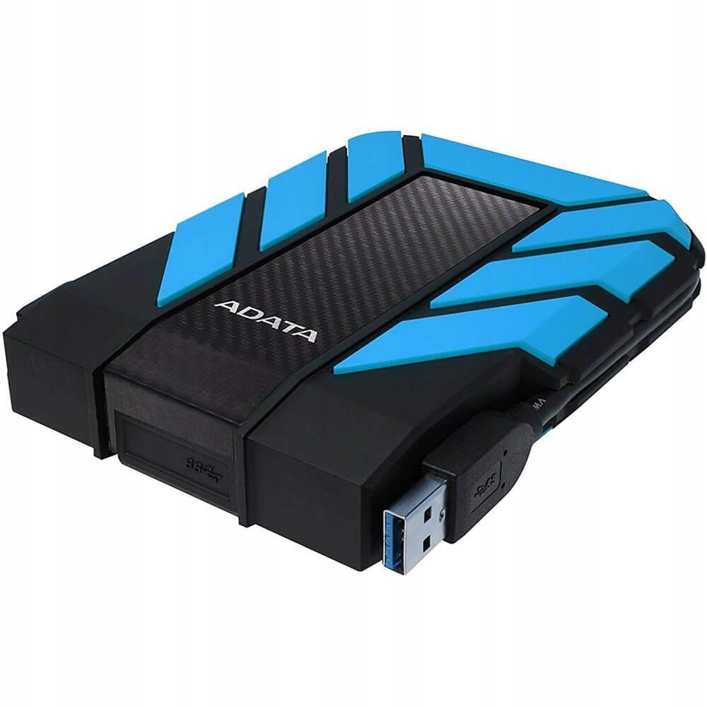 A black ADATA external hard drive case with blue accents and an attached USB cable.