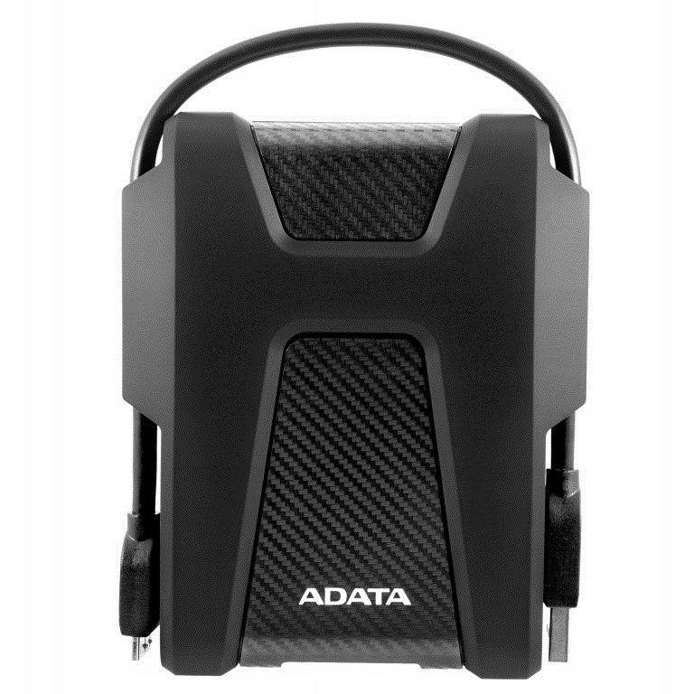 Black ADATA external hard drive with integrated cable against a white background.