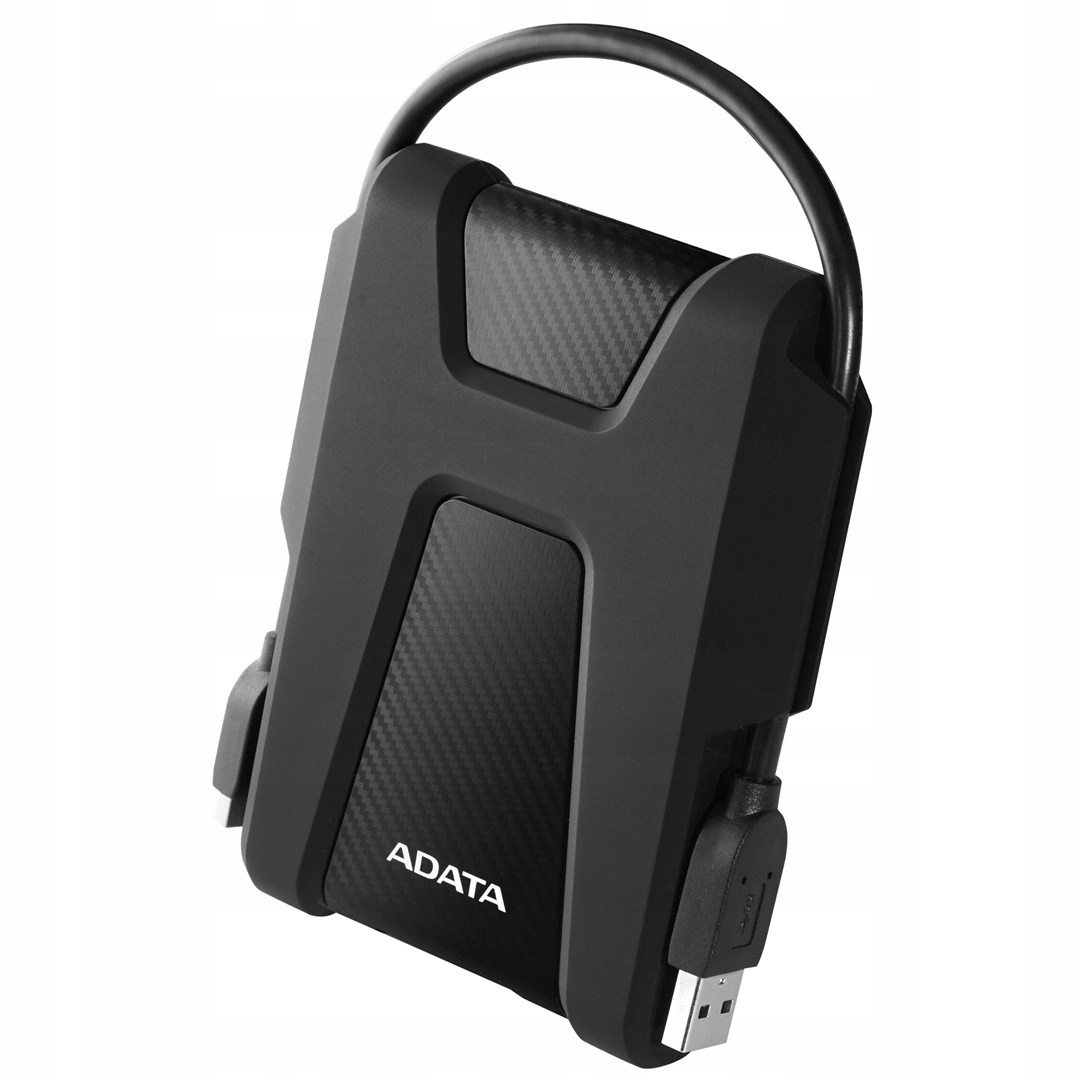 Black ADATA external hard drive with integrated cable and carbon-patterned surface.