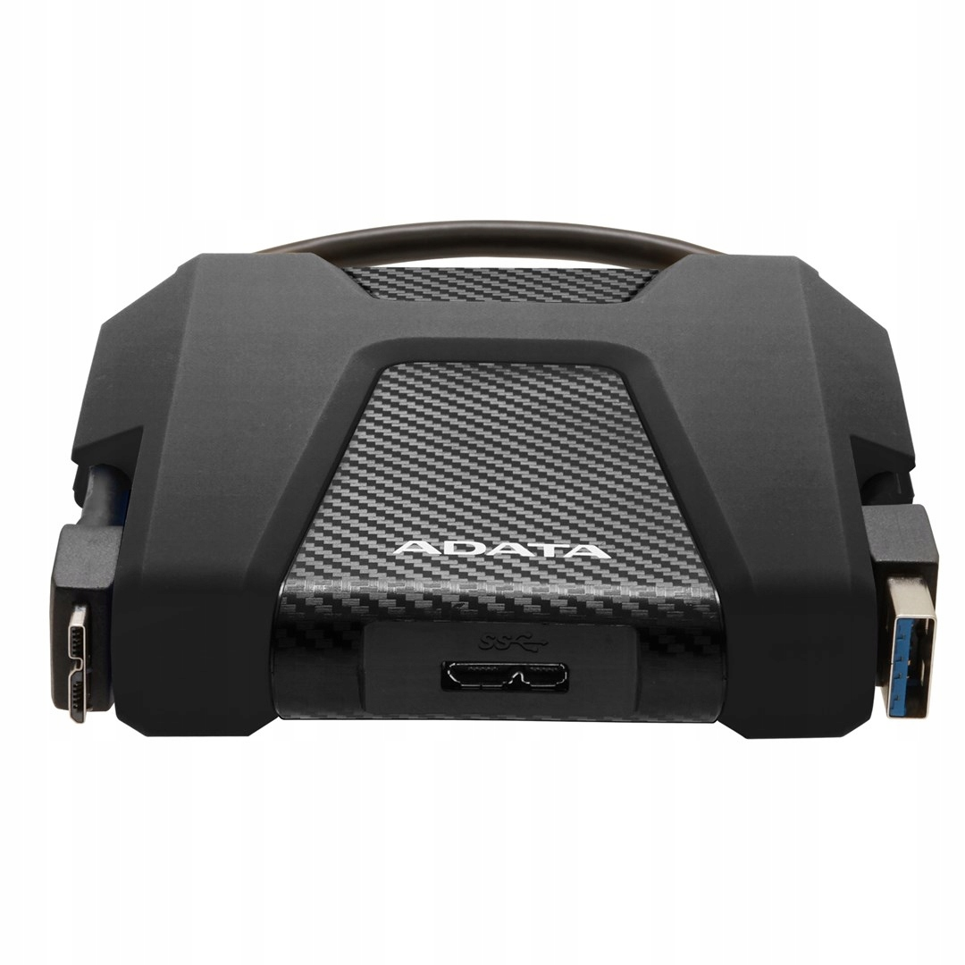 Black ADATA external hard drive with carbon fiber pattern and ports.