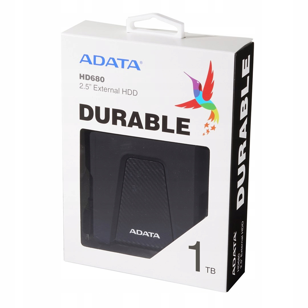 An ADATA HD680 1TB external hard drive in its original white and black retail box with a hummingbird logo.